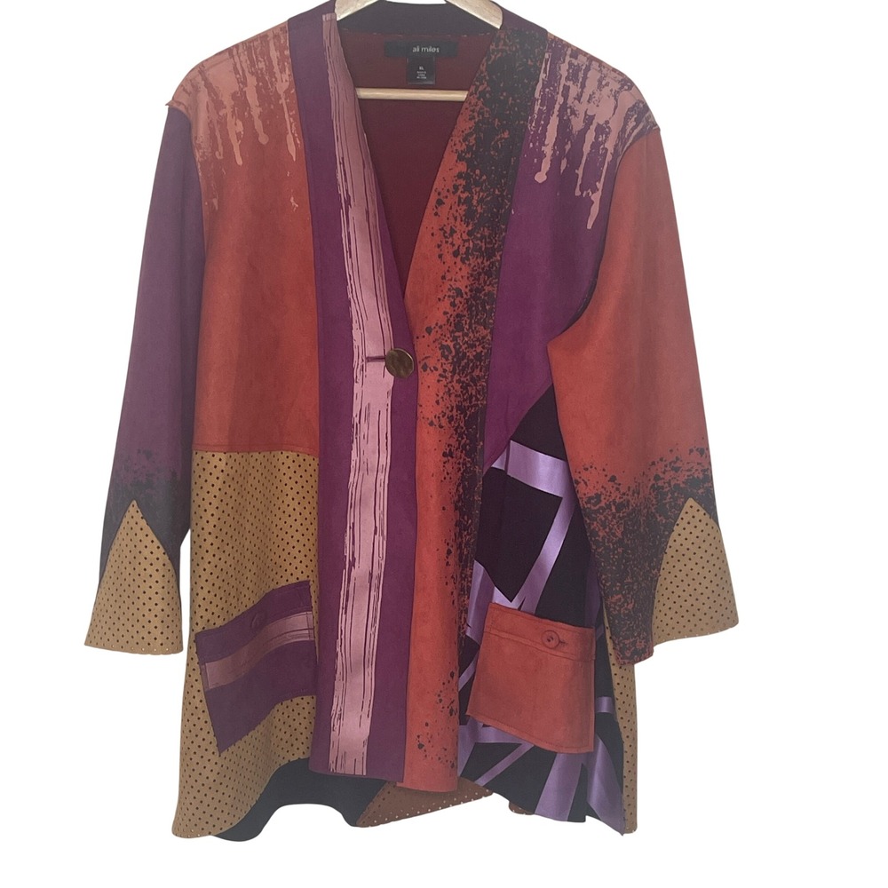 Ali Miles XL Abstract‎ Patchwork Jacket Art to Wear Faux Suede  Boho